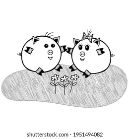 A Black and white Vector illustration of a pair of fat pigs sitting on the grass with flowers on a white background