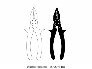 black and white vector illustration of a pair of pliers, showing both solid and outline styles. Minimalist tool icon, ideal for mechanical, construction.Mechanical Pliers Silhouette and Outline Vector