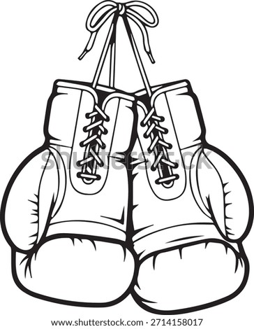 Black and white vector illustration of a pair of boxing gloves hanging together. Minimalist monochrome style with detailed stitching and classic boxing equipment look. Isolated on white background.