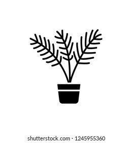Black & white vector illustration of palm tree with leaves in pot. Flat icon of tropic exotic home plant in container. Evergreen potted houseplant. Isolated object on white background