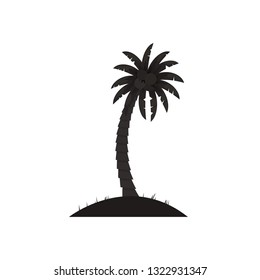 Black and white vector illustration of palm tree on small piece of land. Isolated on white background. Logotype or icon simple coconut palm for travel agency or summer products, tour brochure, banner.