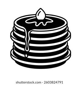 Black and white vector illustration of a pancake stack with syrup and butter, perfect for prints and designs.
