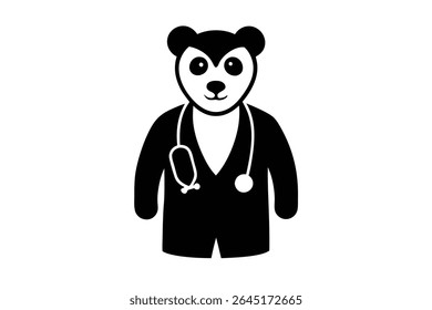 Black and white vector illustration of a panda wearing a doctors coat and stethoscope. Simple silhouette style.
