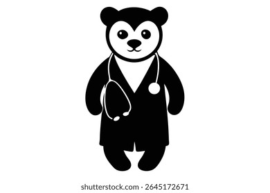 Black and white vector illustration of a panda bear wearing a doctor's coat and stethoscope. Simple silhouette style against a white background.