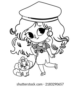 Ilustración vectorial en blanco y negro de la mujer parisina y su perro.