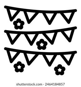 Black and white vector illustration of party bunting with star decorations