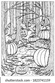 Black and white vector illustration with path, scary pumpkin head and lanterns hiding behind the  gloomy trees in dark forest or woods. Halloween background, gothic, esoteric and mystic concept.