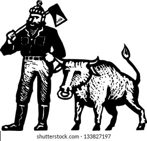 Black And White Vector Illustration Of Paul Bunyan And His Blue Ox