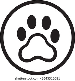 Black and white vector illustration of a paw print inside a circle, isolated on white background. Simple and minimal design, perfect for logos or branding.