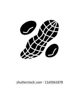 Black & white vector illustration of peanut with nutshell. Flat icon of whole groundnut & seeds. Vegan & vegetarian food. Health eating ingredient. Isolated object on white background. 