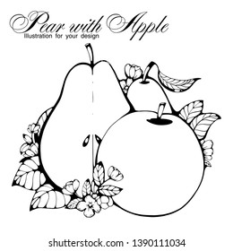 
Black and white vector illustration of a pear with an apple. Hand drawn fruit illustration.