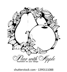 
Black and white vector illustration of a pear with an apple. Hand drawn fruit illustration.