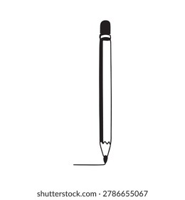 A black and white vector illustration of a pencil drawing a line on paper, symbolizing creativity and artistry in a simple, minimalist style.