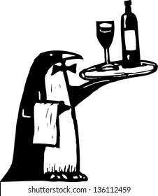 Black and white vector illustration of a penguin bartender