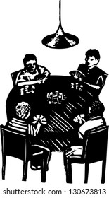 Black and white vector illustration of people playing poker