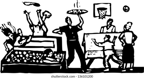 Black and white vector illustration of people having fun in a fast food restaurant