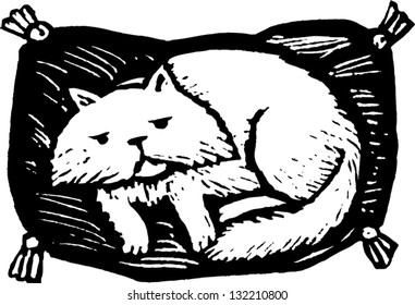 Black And White Vector Illustration Of Persian Cat Lying On A Fancy Pet Bed