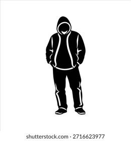 Ilustración vectorial en blanco y negro de la persona que lleva sudadera con capucha. La figura juvenil irradia confianza relajada en el estilo de vida urbano de la moda callejera.