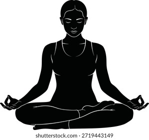 Black and white vector illustration of a person sitting cross-legged in a classic meditation posture with hands in mudra gesture. This minimal design symbolizes mindfulness, inner peace, yoga practice, and spiritual wellness. Ideal for use in wellness branding, mental health campaigns, yoga studios, and holistic lifestyle content.