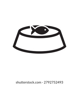 Black and white vector illustration of a pet food bowl with a fish on top, isolated on a plain background for design and branding purposes.