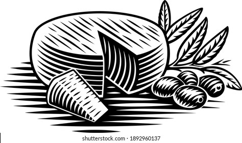 A black and white vector illustration of a piece of cheese in engraving style on white background