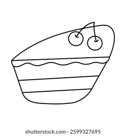 Black and white vector illustration of a piece of cake with cream and cherries on a white background.