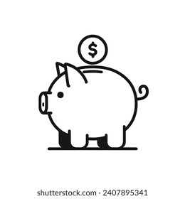 Ilustración vectorial en blanco y negro de un banco de cerdos en forma de cerdo con un signo de dólar que representa ahorro, inversión y alfabetización financiera