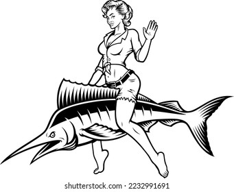 Black and white vector illustration of pin up girl sitting on the fish