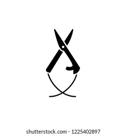 Black & white vector illustration of pincer scissors. Flat icon of tweezers shears for handicraft. Craft tool. Isolated object on white background