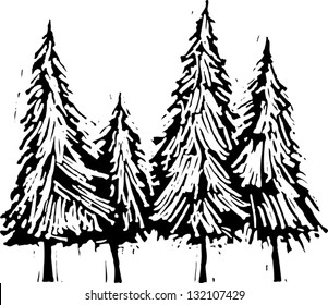 Black and white vector illustration of pine trees