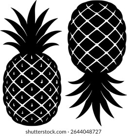 Black and white vector illustration of pineapples in both upright and inverted positions. Ideal for tropical-themed designs, summer prints, shirts, and graphic elements.