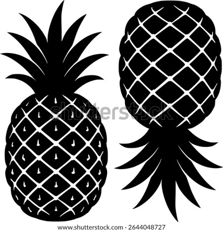 Black and white vector illustration of pineapples in both upright and inverted positions. Ideal for tropical-themed designs, summer prints, shirts, and graphic elements.