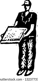 Black and white vector illustration of pizza delivery boy