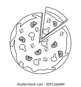 Black and white vector illustration of pizza with mushrooms for coloring book and doodles