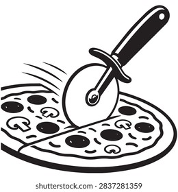 Black and white vector illustration of a pizza wheel cutter slicing through a pepperoni and mushroom pizza on a white background.