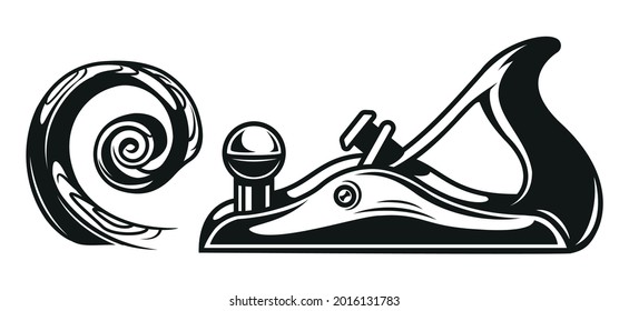 Black and white vector illustration of a planer with shavings on a white background