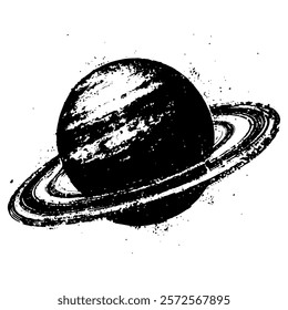 black and white vector illustration of a planet with rings, rendered in sketch style with textured details and an artistic touch, perfect for space-themed designs