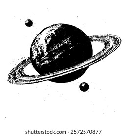 black and white vector illustration of a planet with rings and moons, designed with detailed textures and artistic shading for a cosmic and timeless look