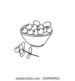 Black and white vector illustration of a plate with cranberries and leaves.