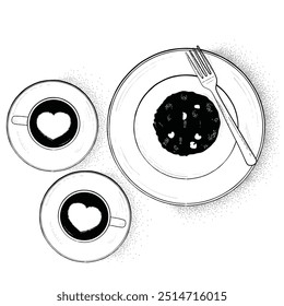 Black and white vector illustration of a plate of cake next to latte art coffee