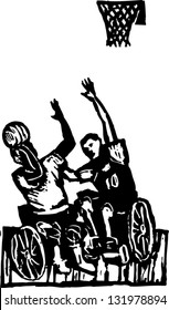 Black and white vector illustration of playing basketball from wheelchairs