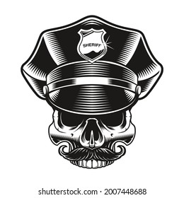 a black and white vector illustration of a policeman skull on white background
