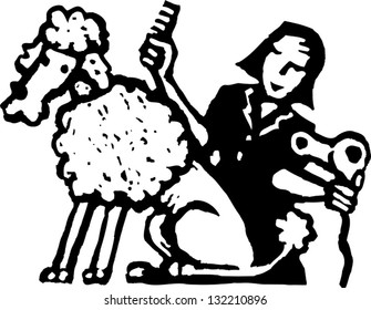 Black and white vector illustration of a poodle dog getting groomed