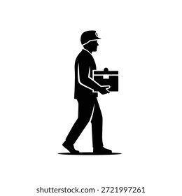 Ilustração vetorial em preto e branco de um carteiro entregando correspondência, carregando uma mala de correio e um pacote.