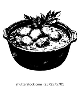 black and white vector illustration of a pot with soup, rendered with detailed textures and artistic shading for a rustic and vintage culinary design