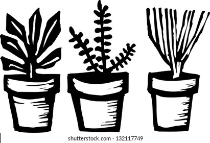 Black and white vector illustration of potted herbs