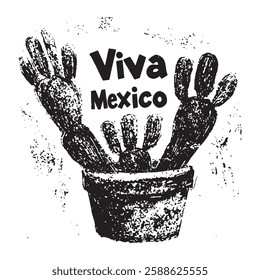 black and white vector illustration of a potted cactus with “Viva Mexico” text, in a grunge vintage style. Perfect for Mexican-themed designs, posters, and souvenirs.