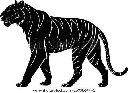 Black and white vector illustration of a powerful, stalking tiger with stylized white stripes, representing strength, wilderness, and Asian wildlife.