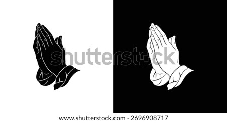 Black and white vector illustration of praying hands symbolizing faith, hope, prayer, and devotion in a spiritual or religious context.
