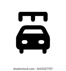 A black and white vector illustration presents a car approaching an automated car wash. A brush mechanism is seen above, ready to clean the vehicle.